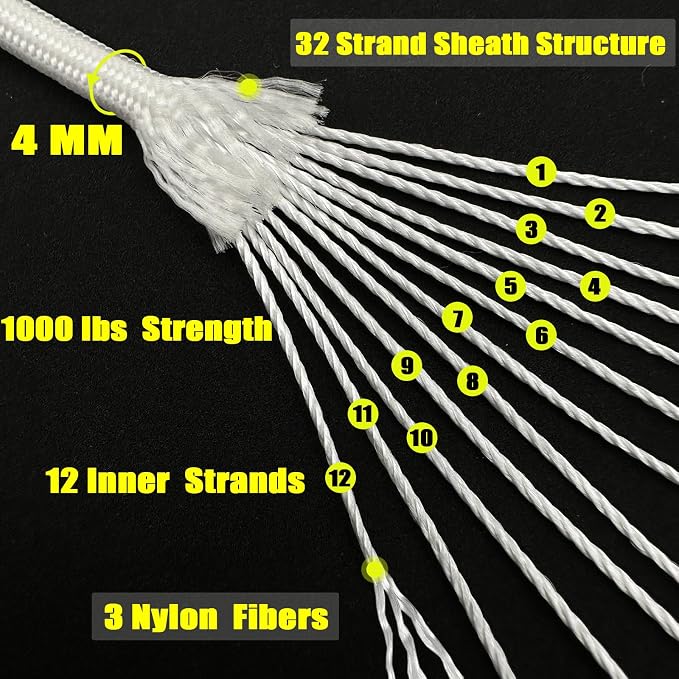 VVAAGG 1000 White Paracord Rope 100FT, 4mm Utility Parachute Cord 12 Strand - Image 2
