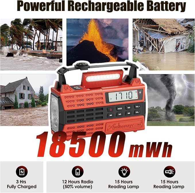 Emergency Crank Radio, 5000mAh/18500mWh Solar Hand Crank Radio, AM/FM/NOAA - Image 3