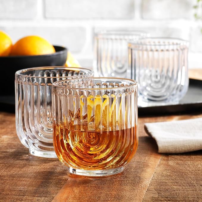 Glaver's 16-Piece Drinking Glass Set, Art Deco Ribbed Arch Design, 17oz - Image 3