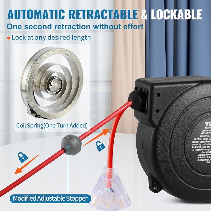 VEVOR Retractable Extension Cord Reel, 45 FT, Heavy Duty 12AWG/3C SJTOW - Image 5