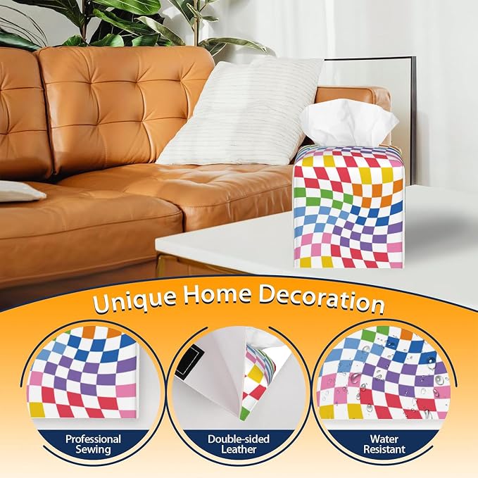 Tissue Box Cover Square, Colorful Wavy Checkerboard Tissue Box Holder - Image 4