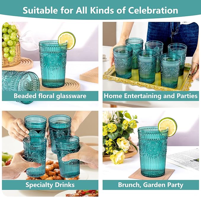 Ciaell 12 Pack Romantic Plastic Water Glasses - 14 Oz Green Vintage Drinking - Image 9