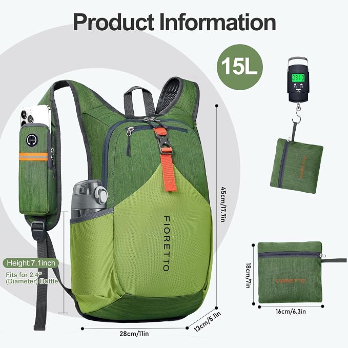 FIORETTO 15L Hiking Backpack for Women Men Mini Packable Backpack Lightweight - Image 5