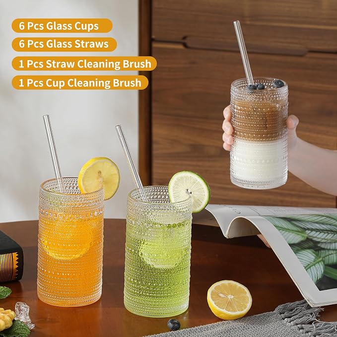 Vintage Hobnail Drinking Glasses Set of 6, 16 oz Large Capacity Embossed Clear - Image 5