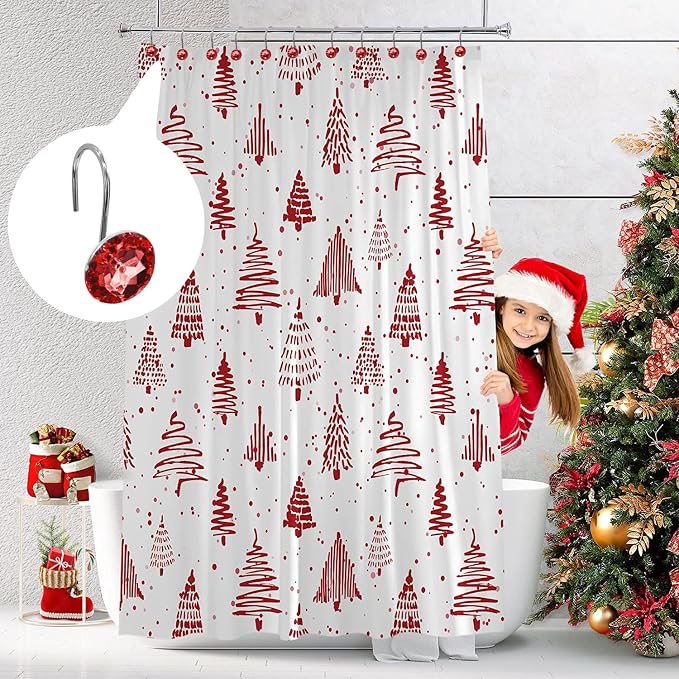 MitoVilla Red Christmas Shower Curtain Hooks Rings, Holiday Shower Hooks - Image 2
