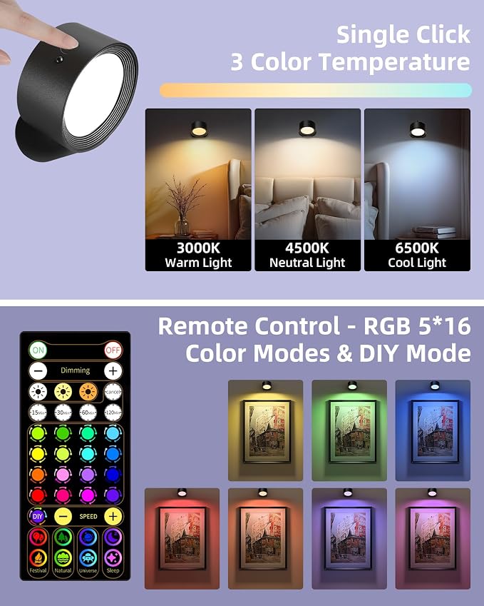 Wall Mounted Lights, 2 Pack Rechargeable RGB Color Changing Light, 3 Color - Image 2