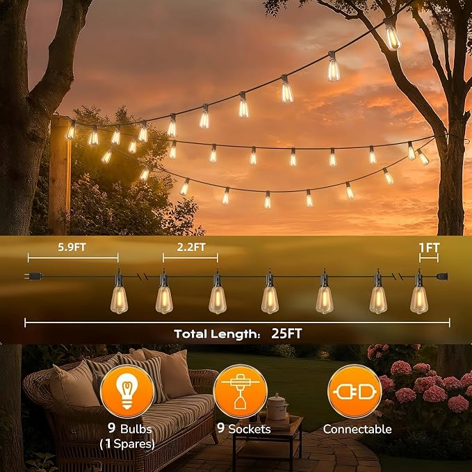 GPATIO Outdoor String Lights, 25FT Shatterproof Patio Lights, IP65 Waterproof - Image 6