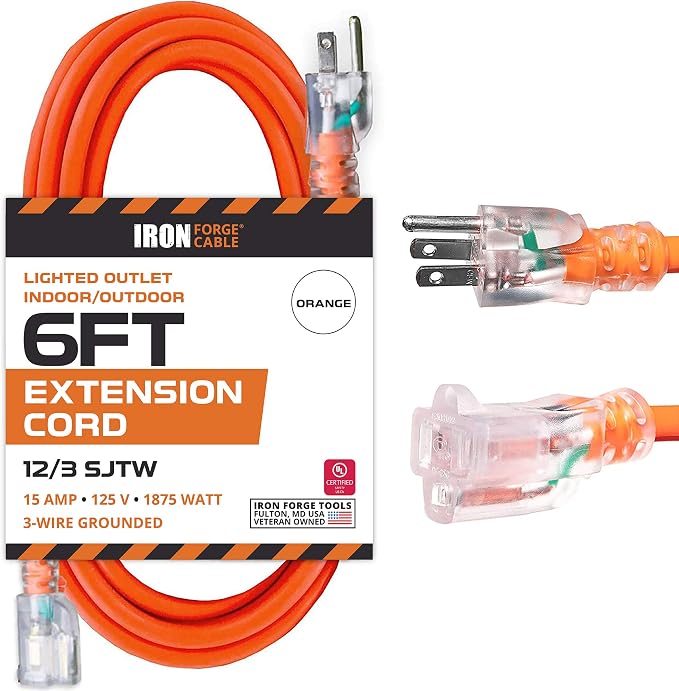 Iron Forge Cable 12 Gauge Extension Cord 6 ft, 12/3 SJTW 6 Foot Heavy Duty by IronForgeCable