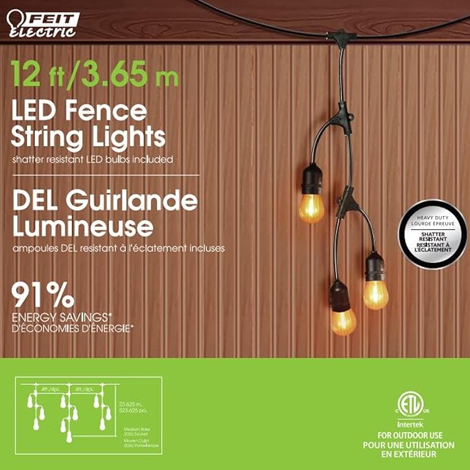 Feit Electric 12ft LED Outdoor Fence String Lights, 10 Sockets, E26 Base - Image 3