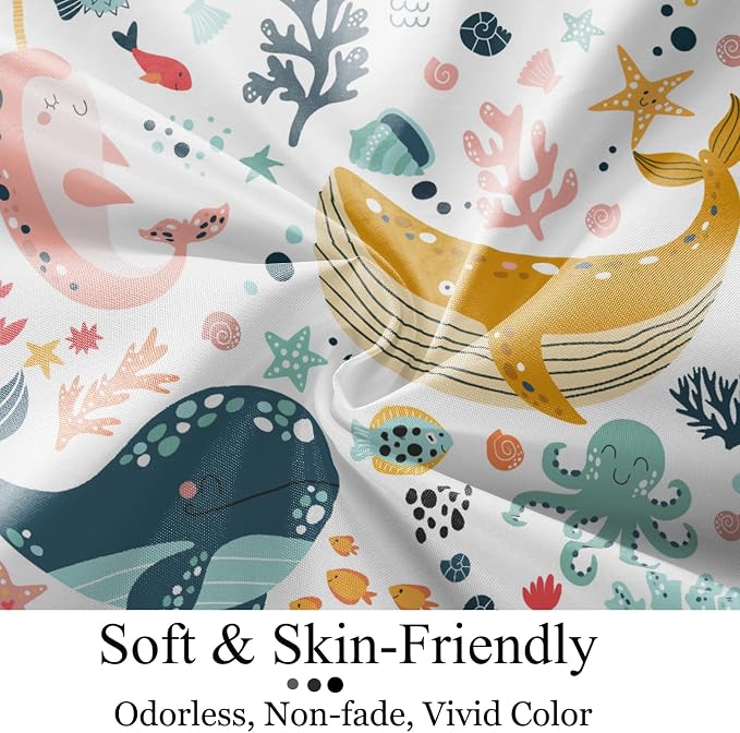 Kids Whale Shower Curtain, Funny Cute Ocean Fish Cartoon Sealife Under Sea - Image 5