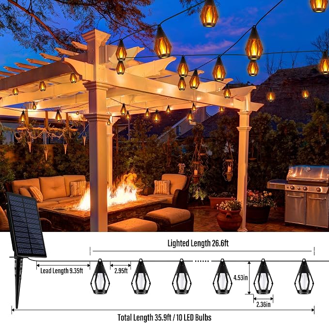 iBaycon Solar Flame Lights, 27Ft 10 LED Bulbs Flickering Flame String Light - Image 4