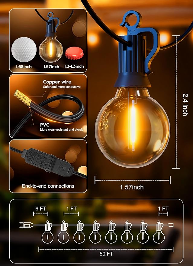Outdoor String Patio Lights, 50FT 50 LED Patio Lights Waterproof, Connectable - Image 7