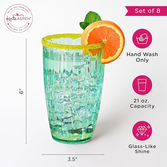 Kate Aspen Teal Fluted Plastic Drinking Glasses Set of 8, 21 oz, Acrylic - Image 6
