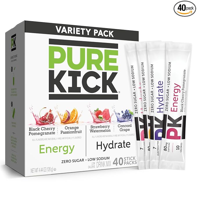 PURE KICK Energy and Hydrate Singles To Go Drink Mix Variety Pack, Strawberry by PureKick