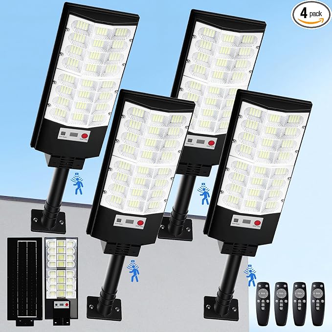 Solar Street Lights Outdoor 4-Pack, 12000LM 6500K Waterproof LED Motion Sensor by IlluminateYourWorld