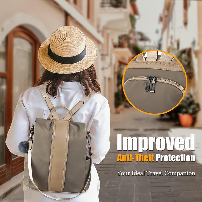 PINCNEL Women Khaki Medium Backpack Purse Waterproof Nylon Anti-theft Rucksack - Image 4