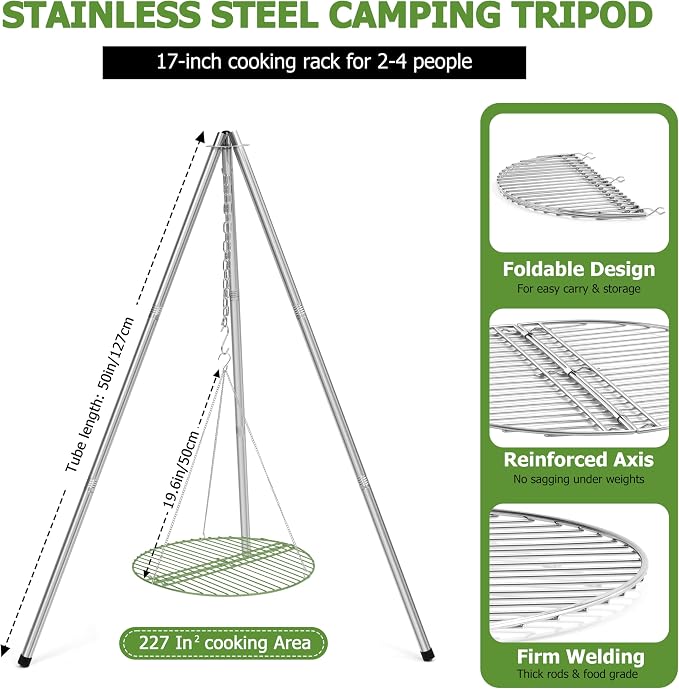 HaSteeL Campfire Tripod for Cooking, Stainless Steel Camping Tripod Grill for - Image 2