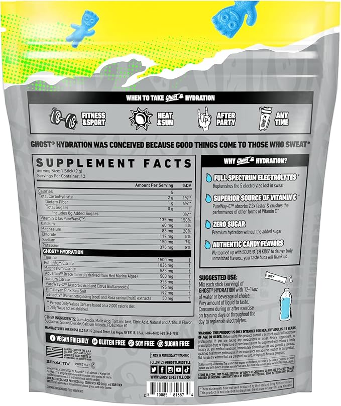 GHOST Hydration Packets, Sour Patch Kids Blue Raspberry, 12 Sticks, Electrolyte - Image 2