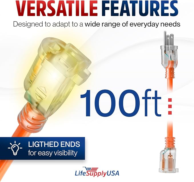 100ft Outdoor/Indoor Extension Cord 14/3 Gauge Heavy Duty 3 Prong SJTW - Image 6