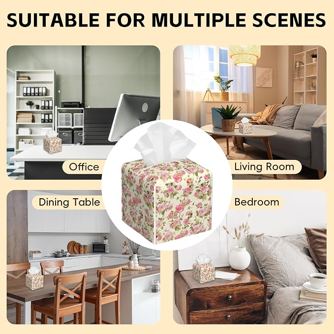 Tissue Box Cover Square, Watercolor Pink Roses Tissue Box Holder Waterproof - Image 6