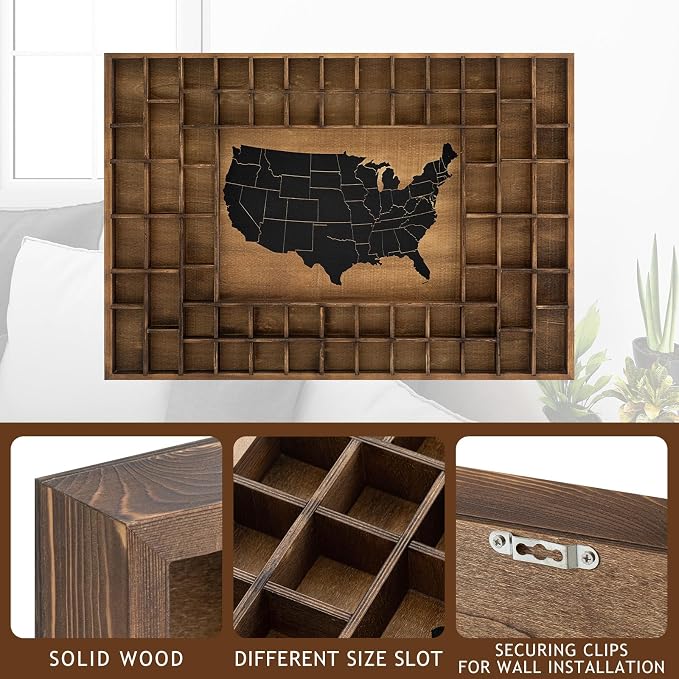 68 Slots 40 x 28'' Large World Map Shot Glass Display Case Rustic Wood Shot - Image 3
