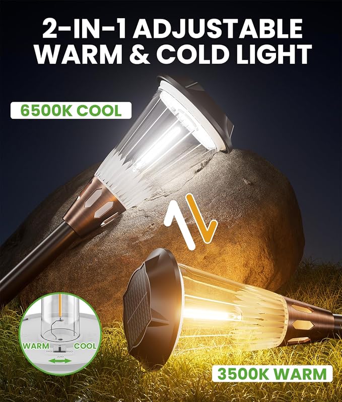 BITPOTT 2-in-1 Warm&Cool Solar Pathway Lights Outdoor, 2 Pack Solar Garden - Image 2