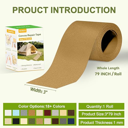 Besezx Canvas Repair Tape, Outdoor Gear Patch, 3x79 Inches, Waterproof - Image 2