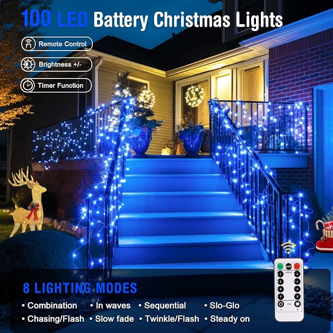 JMEXSUSS 33ft 100 LED Blue Christmas Tree Lights, Battery Operated Christmas - Image 2