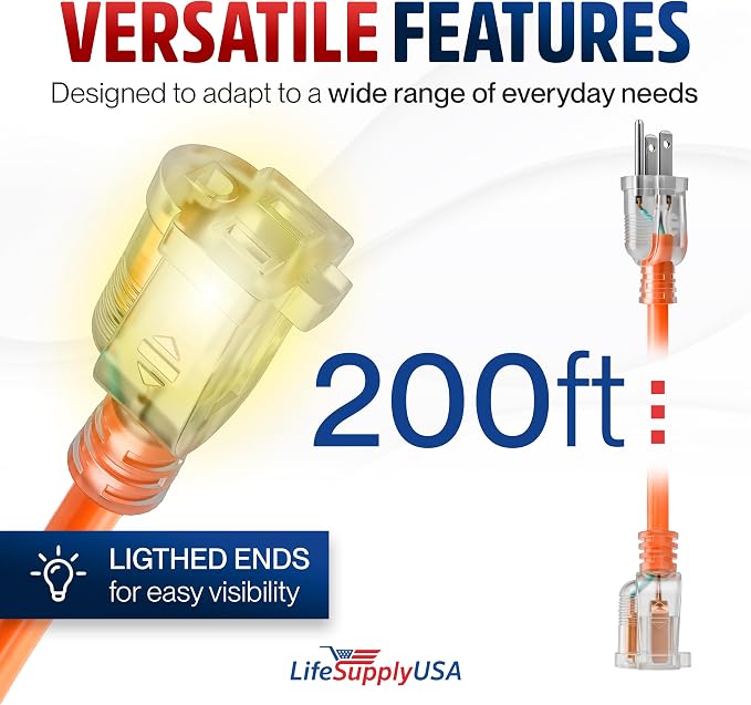 200ft Outdoor/Indoor Extension Cord 16/3 Gauge Heavy Duty 3 Prong SJTW - Image 6