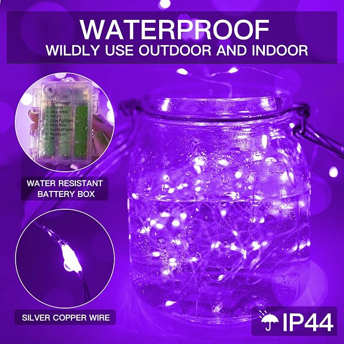 suddus Hallowee Purple Lights Battery Operated, 66ft 200 LED Twinkle Lights - Image 5