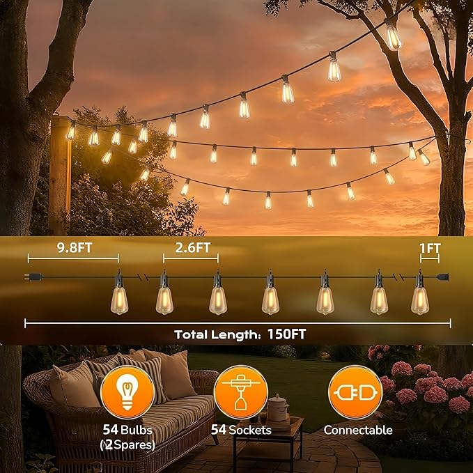 GPATIO Outdoor String Lights, 150FT ST38 Bulbs Shatterproof Patio Lights - Image 6