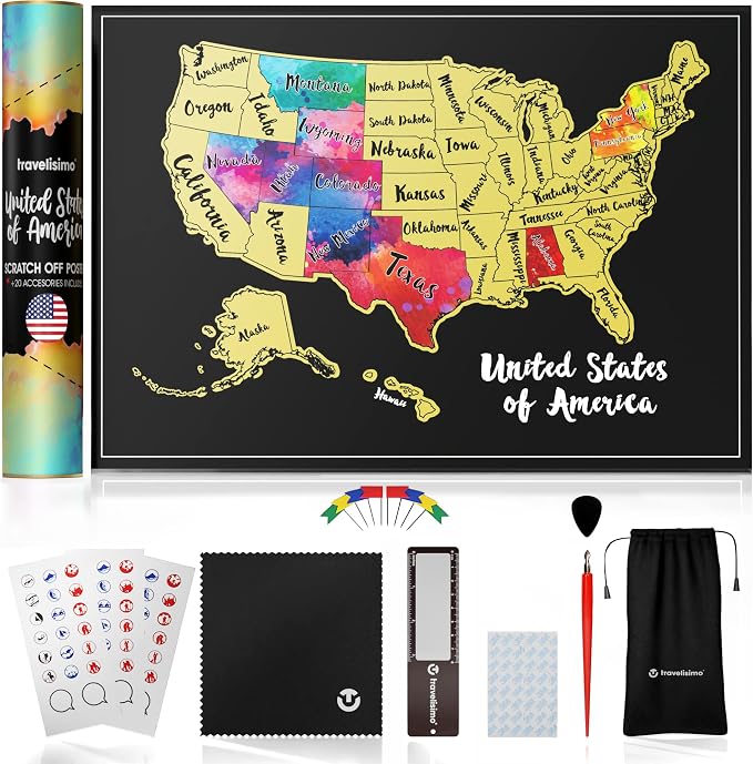 TRAVELISIMO Scratch Off Map of The United States, 12x17 inch Scratch USA by Travelisimo