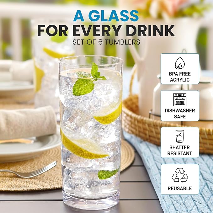 Zulay Kitchen Plastic Drinking Glasses – 16oz Acrylic Shatterproof Water Cups - Image 2