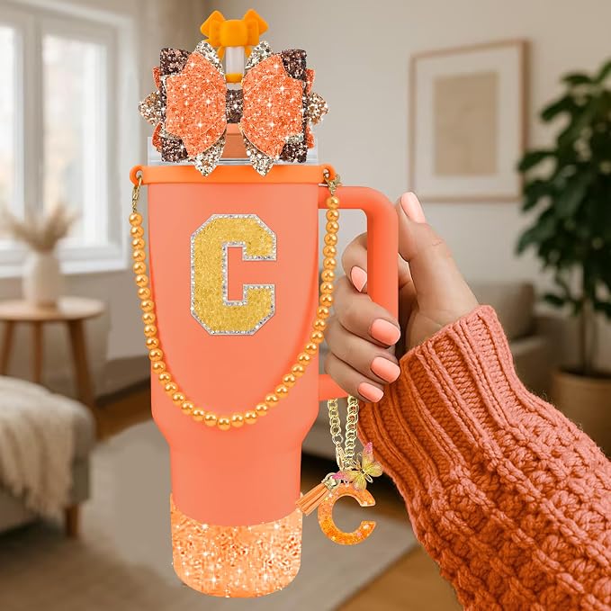 9PCS Orange for Stanley Cup Accessories Set Bling Initials Bow Charms for - Image 2