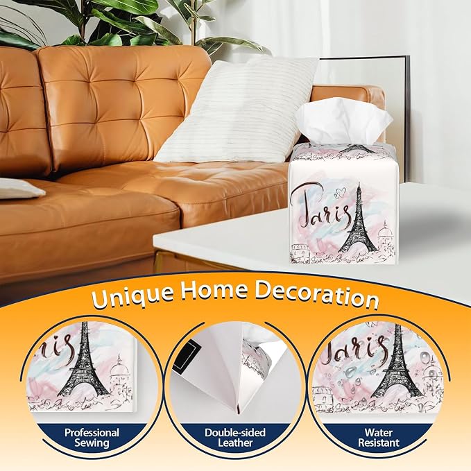 Tissue Box Cover Square, Paris Eiffel Tower Tissue Box Holder Waterproof - Image 4