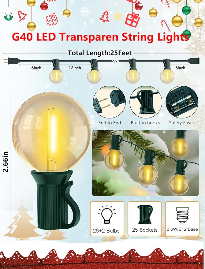 25FT LED Outdoor Christmas String Lights Waterproof, Hanging G40 Globe Patio - Image 2