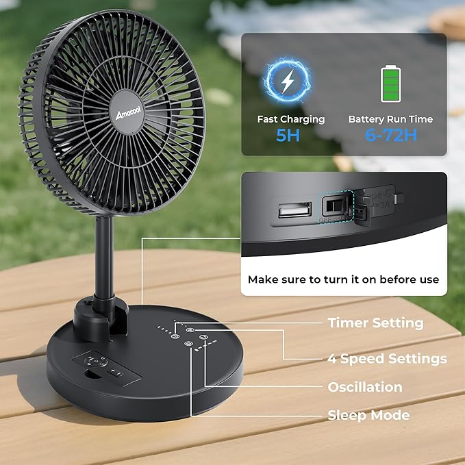 AMACOOL 10'' Foldable Oscillating Fan, 20000mAh Battery Operated - Image 6