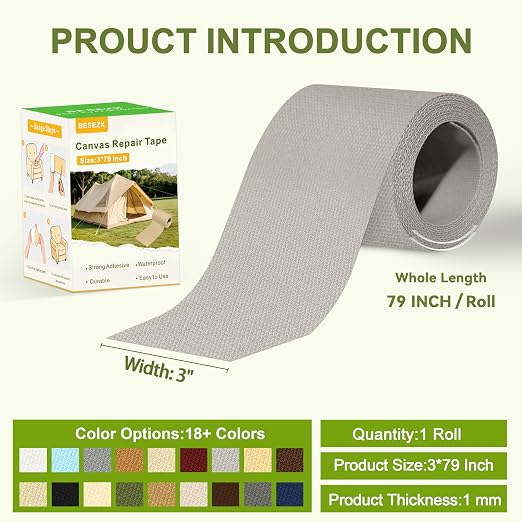 Besezx Canvas Repair Tape, Outdoor Gear Patch, 3x79 Inches, Waterproof - Image 2