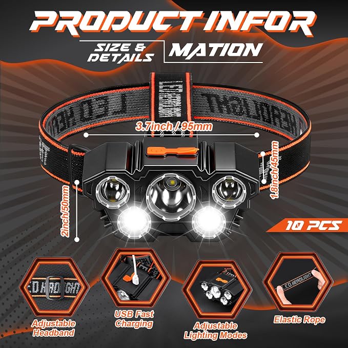 10 Pack Rechargeable Headlamp, USB Rechargeable LED Head Lamp Bulk, 4 Mode 90° - Image 2