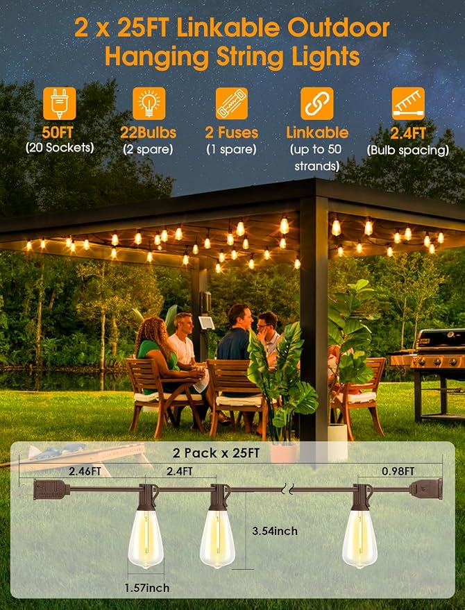 Larkvue 50FT Outdoor String Lights, Patio Lights - Image 2