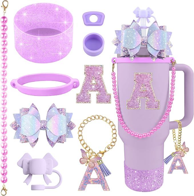9PCS Purple for Stanley Cup Accessories Set Bling Initials Bow Charms for by Unknown