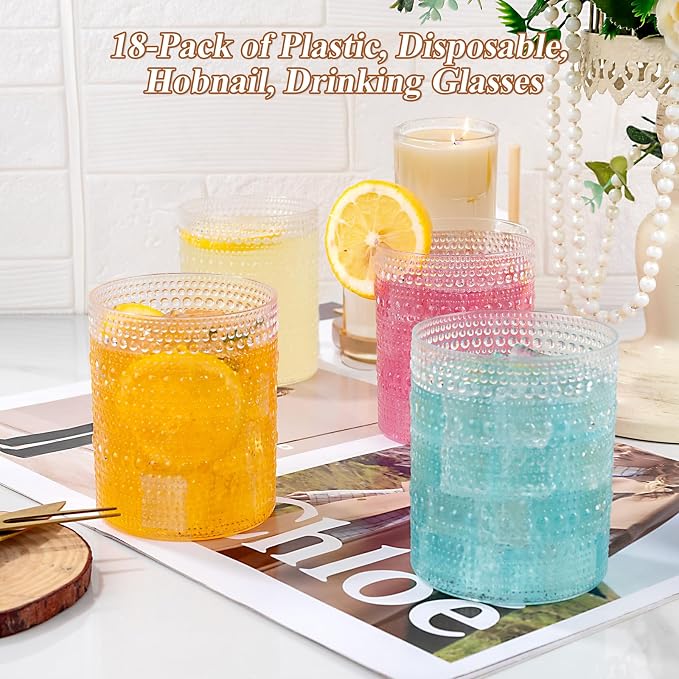 18PCS Plastic Hobnail Drinking Glasses - 14 Oz Clear Vintage Glasses Drinkware - Image 2