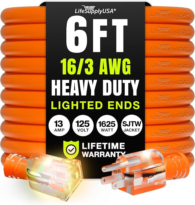 6ft Outdoor/Indoor Extension Cord 16/3 Gauge Heavy Duty 3 Prong SJTW, Waterproof by LifeSupplyUSA