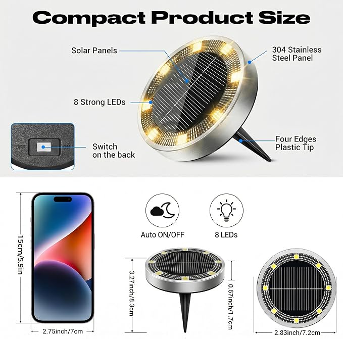 Peasur Mini Solar Ground Lights Outdoor, 12 Pack Flat Solar Powered Disc Lights - Image 5