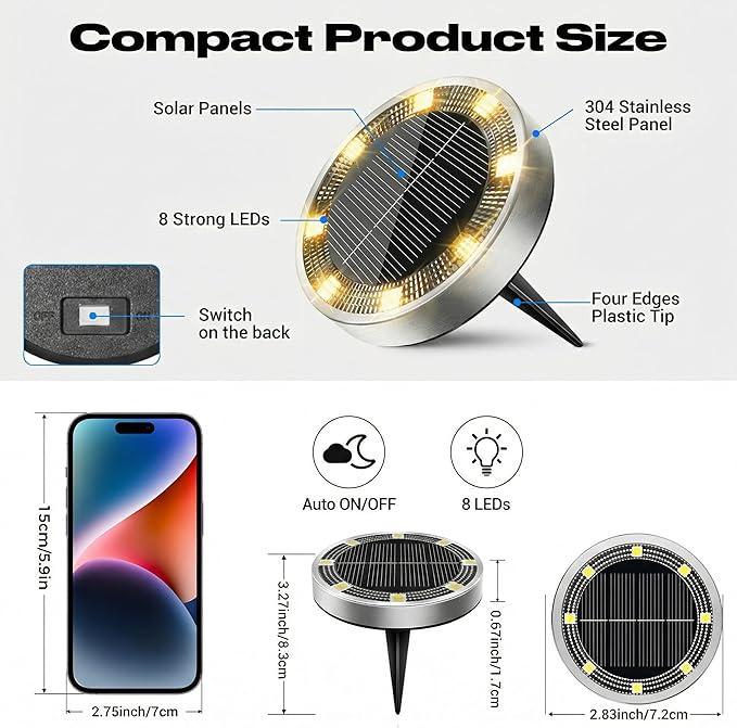 Peasur Mini Solar Ground Lights Outdoor, 4 Pack Flat Solar Powered Disc Lights - Image 5