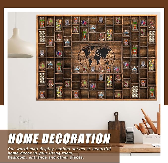 GlikCeil 88 Slots 48 x 34'' Jumbo World Map Shot Glass Display Case Rustic Wood - Image 5