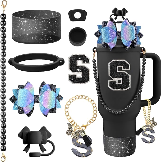 9PCS Black for Stanley Cup Accessories Set Bling Initials Bow Charms for by Unknown