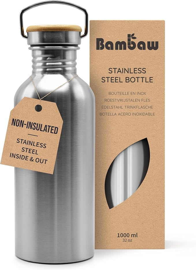 Bambaw Stainless Steel Water Bottles 32 oz, Non-insulated Single Wall Metal by Bambaw