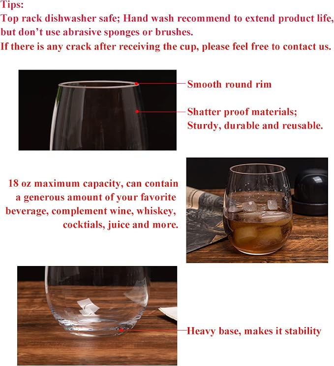 KOXIN-KARLU Classic 18-ounce Acrylic Stemless Wine Glasses, Unbreakable Mixed - Image 3