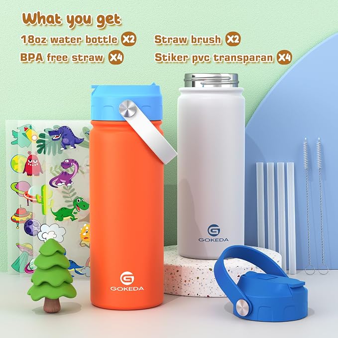GoKEDA 18oz Kids Water Bottle, 2 Pack Insulated Bottles - Image 3